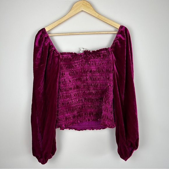 Anthropologie Smocked Puff Sleeve Square Neck Velvet Top - Picture 3 of 7